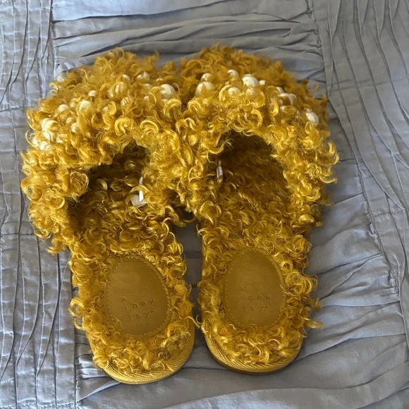 A New Day Mustard Furry Pearl Slides - Picture 2 of 3